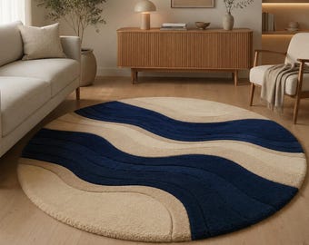 Navy Blue Cream Abstract Wave Round Rug, Tufted Soft Contemporary Carpet