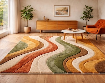 Abstract Wavy Rug, Plush Tufted Living Room Carpet, Boho Mid Century Decor