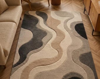 Modern Abstract Wavy Rug, Neutral Beige Cream Charcoal Living Room Carpet