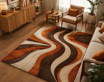 Hand Tufted Abstract Wavy Rug, Modern Rust Brown Cream Geometric Carpet