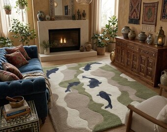 Handmade Abstract Fish Area Rug, Coastal Marine Tufted Carpet, Living Room Floor Rug
