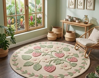 Pastel Strawberry Floral Round Rug, Cottagecore Botanical Nursery Decor