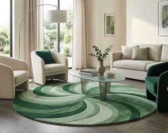 Handmade Wool Abstract Wave Rug, Contemporary Green Living Room Carpet