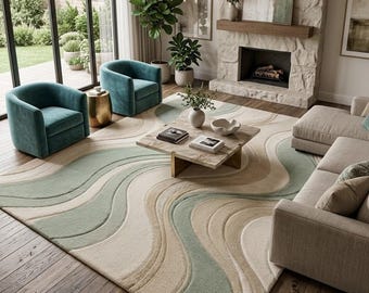 Modern Abstract Wavy Rug, Sage Green Cream Beige Living Room Carpet