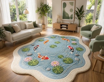 Shaped Koi Pond Area Rug, Lily Pad Tufted Carpet, Nature Botanical Floor Mat
