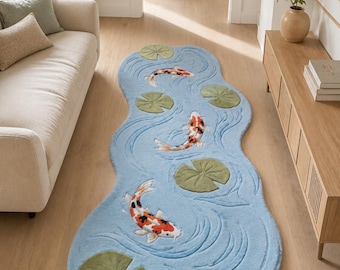 Handmade Koi Fish Pond Rug, Blue Tufted Carpet, Lily Pad Nature Decor Runner