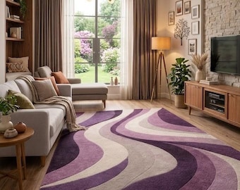 Modern Abstract Purple Wavy Area Rug, Plush Scandinavian Living Room Carpet