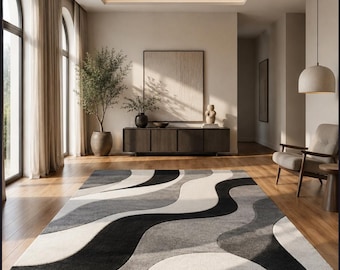 Modern Abstract Area Rug, Black White Grey Carpet, Minimalist Living Room Floor Rug