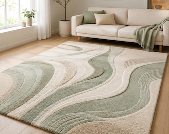 Modern Abstract Area Rug, Sage Green Cream Carpet, Soft Plush Floor Rug
