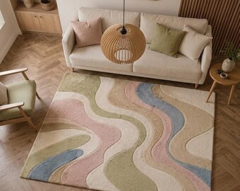 Pastel Abstract Wave Area Rug, Scandinavian Boho Tufted Carpet