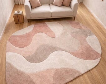 Modern Abstract Irregular Rug, Blush Pink Neutral Carpet, Scandinavian Floor Mat