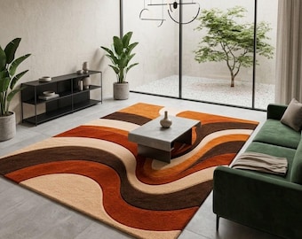 Handmade Abstract Wavy Rug, Mid Century Tufted Boho Carpet, Contemporary Living Room Floor Rug