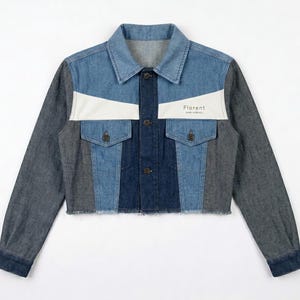 Blue And Gray Jeans Jacket Upcycled Streetwear Denim Cropped Jacket Sustainable Patchwork Jean Coat Zero Waste Fashion Cool Gift For Her