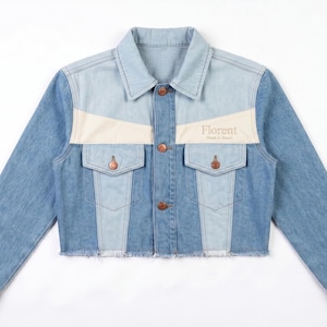 Blue Jacket Upcycled Denim Streetwear Sustainable Patchwork Jean Coat Zero Waste Fashion Handmade Recycled Denim Minimalist Cropped