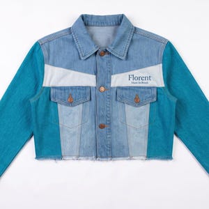 Giacca patchwork in denim sostenibile, cappotto corto in jeans unico e riciclato, regalo per lei, outfit streetwear