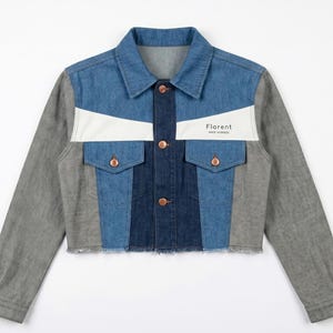 Cropped Jacket Blue Jeans Upcycled Streetwear Denim Jacket Sustainable Patchwork Jean Coat Zero Waste Fashion Cool Gift For Her