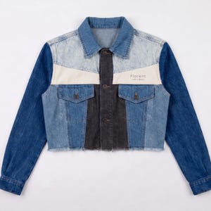 Streetwear Jacket One-of-a-Kind Upcycled Denim Cropped Jacket Sustainable Patchwork Jean Coat Zero Waste Fashion Cool Gift For Her
