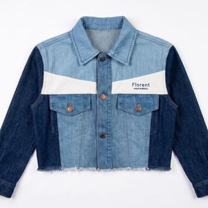 Giacca patchwork in denim sostenibile, cappotto corto in jeans unico e riciclato, regalo per lei, outfit streetwear