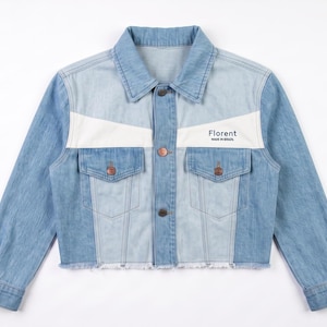 Jeans Jacket Streetwear Blue Upcycled Denim Cropped Jacket Sustainable Patchwork Jean Coat Zero Waste Fashion Cool Gift For Her