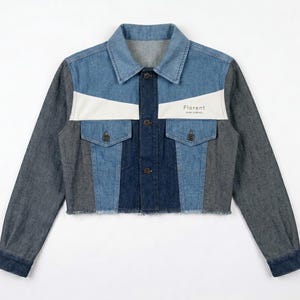 Blue Jacket Upcycled Denim Streetwear Sustainable Patchwork Jean Coat Zero Waste Fashion Handmade Recycled Denim Minimalist Cropped