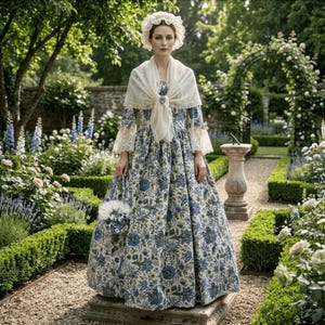 Pode incluir: Uma mulher com um vestido floral azul e branco, um xale e um chapéu está num jardim. O vestido tem mangas compridas com punhos de renda. Ela segura um pequeno buquê. O jardim apresenta um caminho de pedra, sebes e um relógio de sol.