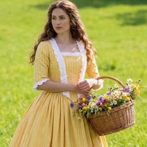 May include: A yellow striped dress with white trim and a square neckline. A brown wicker basket filled with colorful wildflowers is held in the person's hands. The dress has short sleeves and a full skirt, set against a green field.