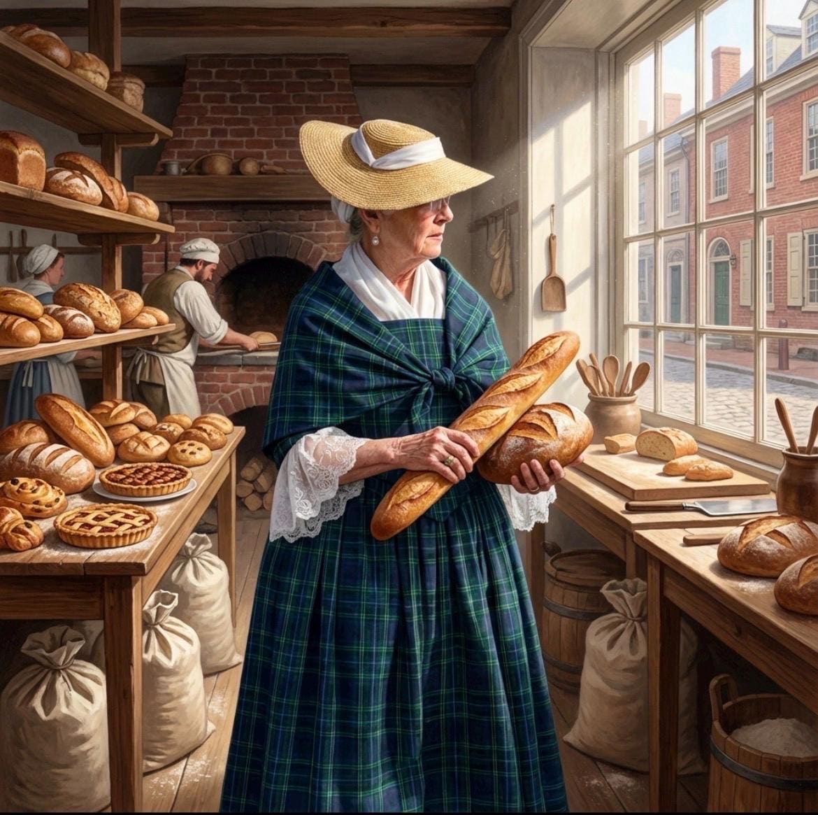 Vintage Bakery Scene Art Print, Colonial Baker Woman, Kitchen Wall Decor