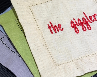Custom Hemstitched Linen Cocktail Napkins - Funny Embroidered Personality Napkins for Friends&Girls Night, Home Bar Hostess Gift Set of 5