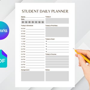 Op de afbeelding: Een witte dagplanner-sjabloon voor studenten met een schema van 06:00 tot 21:00 uur, secties voor naam, datum, prioriteiten, doelen, cursussen, opdrachten en notities, inclusief een dag-van-de-week tracker en grijze invoervelden.