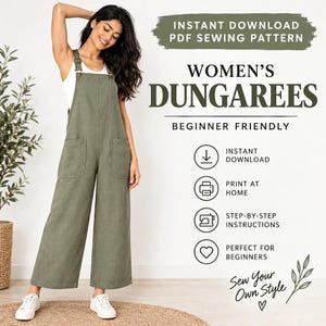 Women's Dungarees Sewing Pattern, Loose Fit Wide Leg Overalls (PDF Download)