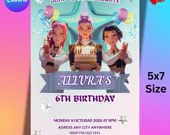 K-pop anime födelsedagsinbjudan: Redigerbar Canvas-mall (digital nedladdning)