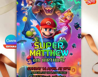 Spersonalizowany szablon zaproszenia urodzinowego Mario Galaxy, zaproszenie na imprezę w kosmosie dla dzieci, do druku kartka urodzinowa dla chłopców z motywem gier, cyfrowy plik PDF