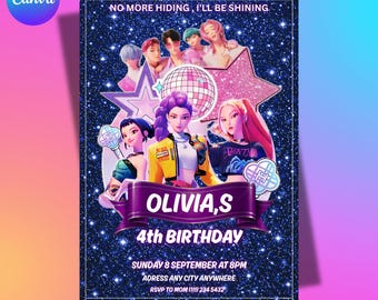KPOP Anime födelsedagsinbjudan: Redigerbar Canvas-mall (digital nedladdning)