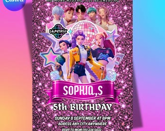 Kpop Demon Hunters födelsedagsinbjudan, neonbiljett Canva-mall (digital nedladdning)