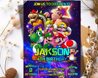 Inbjudan till Super Mario Galaxy-födelsedag, inbjudan till rymdfest, redigerbar Canvas-mall (digital nedladdning)
