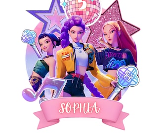 Personlig KPop Demon Hunters tårtdekoration | Redigerbar flickfödelsedagsfestdekoration, utskrivbara Anime Huntrix-mallar, (digital PDF)