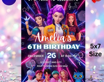 K-pop Demon Hunters födelsedagsinbjudan, redigerbar Canva-mall för tjejfest, utskrivbar Canva Neon-festinbjudningsmall för tonårsflickor