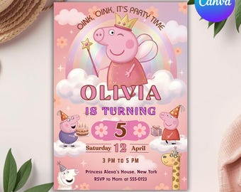 Redigerbar Peppa Pig-födelsedagsinbjudan, Canvas-mall för barnfest (digital nedladdning)