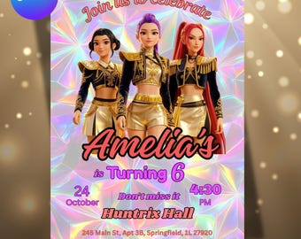 Kpop Demon Hunters födelsedagsinbjudan, anpassat namn/åldersfestkort (digital nedladdning)