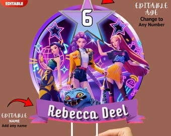 KPop Demon Hunters tårttoppare | Huntrix födelsedagstoppare | Redigerbar Canva PNG | KPop festdekoration | Digital nedladdning av cupcake-toppare