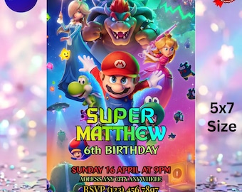 Personlig Mario Galaxy-födelsedagsinbjudanmall, inbjudan till yttre rymden för barn, födelsedagskort för pojkar, digital PDF