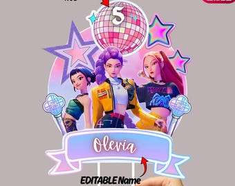Kpop Demon Hunters tårtdekoration | Personlig Huntrix födelsedagsfestdekoration - Utskrivbar tårtdekoration för flickor, digital nedladdning av Kpop-tårtdekoration