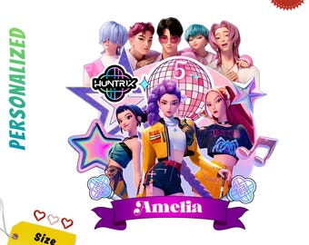 Do druku ozdoba na tort z motywem Łowców Demonów w stylu K-pop | Ozdoba urodzinowa Huntrix, edytowalny plik PNG Canva, ozdoby na tort i babeczki dla dziewczynek, pobieranie plików PDF