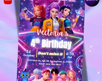 Personlig KPop Demon Hunters födelsedagsinbjudan | Redigerbar Canvas-mall för tjejfest, utskrivbar födelsedagsinbjudningskort, digital PDF