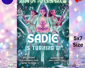 Kpop Demon Hunters Girls födelsedagsinbjudan, redigerbar Canvas-mall för barnfest, utskrivbara neonfödelsedagsinbjudningar, direktnedladdning