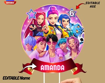 Kpop Demon Hunters tårttoppare | Canva redigerbar mall | Kpop Girls Huntrix png | Anime-stil muffinstoppare | Digital nedladdning