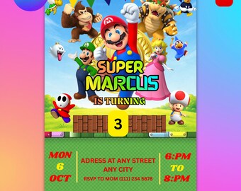Redigerbar Super Mario födelsedagsinbjudan | Digitala flickfestdekorationer, utskrivbara färgglada Mario-festinbjudningar för barn pojkar flickor