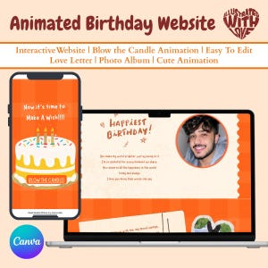 Op de afbeelding: Een geanimeerd verjaardagswebsite-ontwerp weergegeven op een laptop en smartphone. De telefoon toont een taart met kaarsen en de tekst "Blow the Candle!". De laptop toont een foto en "Happiest Birthday!"
