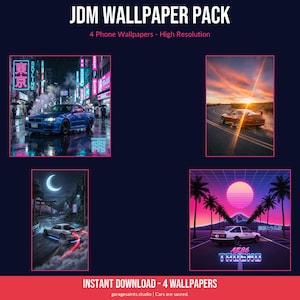 May include: A dark blue background with four JDM-themed phone wallpapers. The wallpapers feature cars in various settings: a city at night, a sunset on a road, a moonlit road, and a retro-style scene with palm trees and a rising sun. Text reads "JDM WALLPAPER PACK".