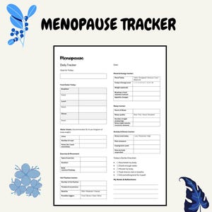 Op de afbeelding: Een afdrukbare PDF-menopauzetracker van A4/Letter-formaat. Bevat secties voor dagelijkse tracking van voeding, waterinname, lichaamsbeweging, opvliegers, slaap en stemming. Direct downloadbaar.
